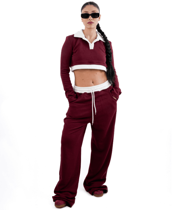 Bordo Crop Üst ve Pantolon Eşofman Takımı